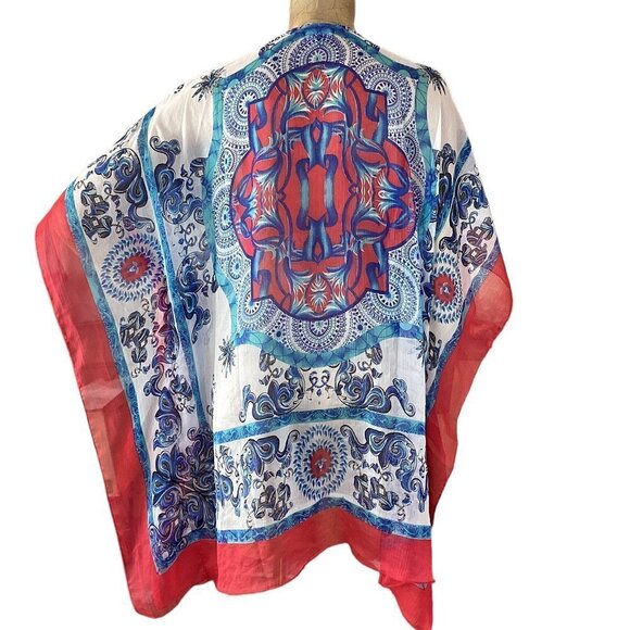 Colorful Sheer Poncho Kimono Kaftan Beach Cover-up Top Sz L by Kristals #253H - Picture 5 of 7